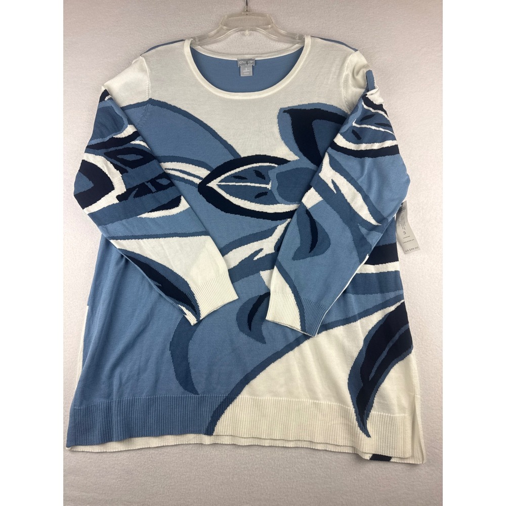 Chicos Floral Intarsia Tunic Sweater Blue White Cotton Blend Size 3 XL Abstract